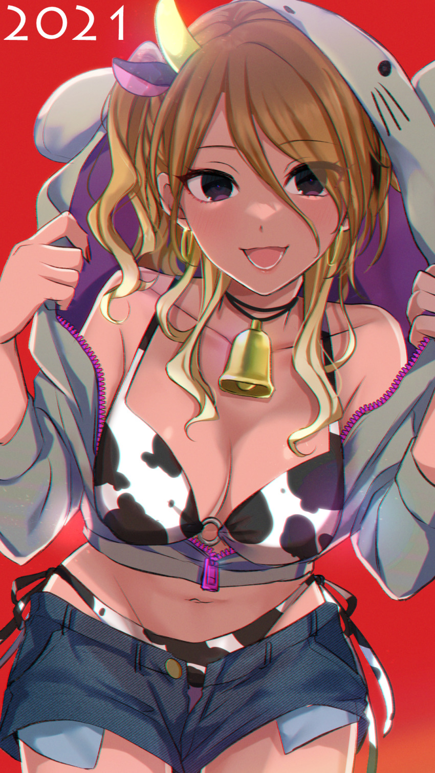 1girl 2021 animal_ears animal_hood animal_print bell bikini bikini_under_clothes black_eyes blonde_hair blue_shorts breasts cleavage commentary_request cow_ears cow_horns cow_print denim denim_shorts grey_hoodie highres hood hoodie horns idolmaster idolmaster_shiny_colors izumi_mei leaning_forward long_sleeves looking_at_viewer medium_breasts medium_hair micro_shorts midriff mouse_hood navel neck_bell new_year o-ring o-ring_bikini open_clothes open_fly open_hoodie open_mouth opened_by_self partial_commentary print_bikini red_background shorts side-tie_bikini_bottom simple_background smile solo standing swept_bangs swimsuit two_side_up white_bikini yoi_r