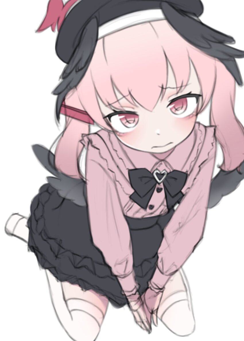 1girl black_skirt blue_archive blush frills halo head_wings heart highres jirai_kei koharu_(blue_archive) long_hair long_sleeves looking_at_viewer mooramango pink_hair pink_shirt ribbon shirt sketch skirt solo thighhighs twintails unfinished white_thighhighs wings