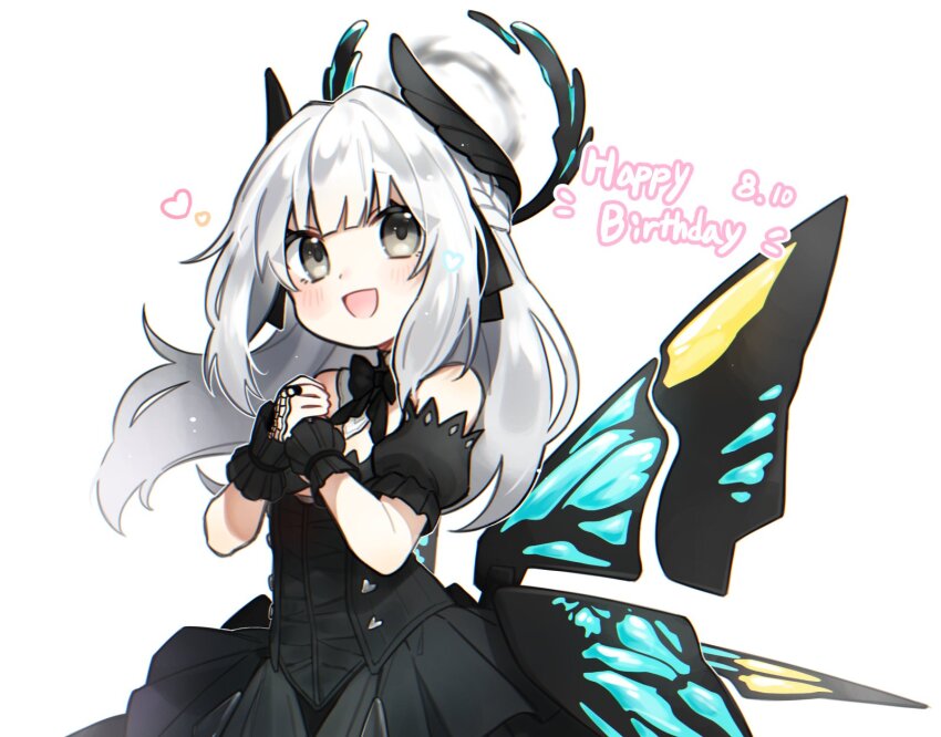 1girl bare_shoulders black_bow black_bowtie black_dress black_wrist_cuffs bow bowtie braid butterfly_wings dated detached_sleeves dress feather_hair_ornament feathers grey_eyes grey_hair hair_ornament halo happy_birthday highres insect_wings liv:_empyrea_(dreamcatcher)_(pgr) liv:_empyrea_(pgr) liv_(pgr) long_hair myam_(123ab456c) open_mouth puffy_sleeves punishing:_gray_raven short_sleeves sidelocks smile solo white_background wing_hair_ornament wings wrist_cuffs