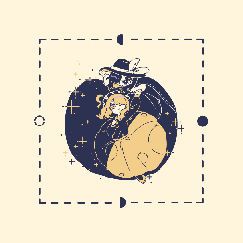 2girls :o absurdres cape commentary_request dress full_moon half_moon hat highres holding_hands limited_palette long_sleeves looking_at_another maribel_hearn moon moon_phases multiple_girls nama_udon new_moon partial_commentary simple_background smile sparkle touhou usami_renko yellow_background