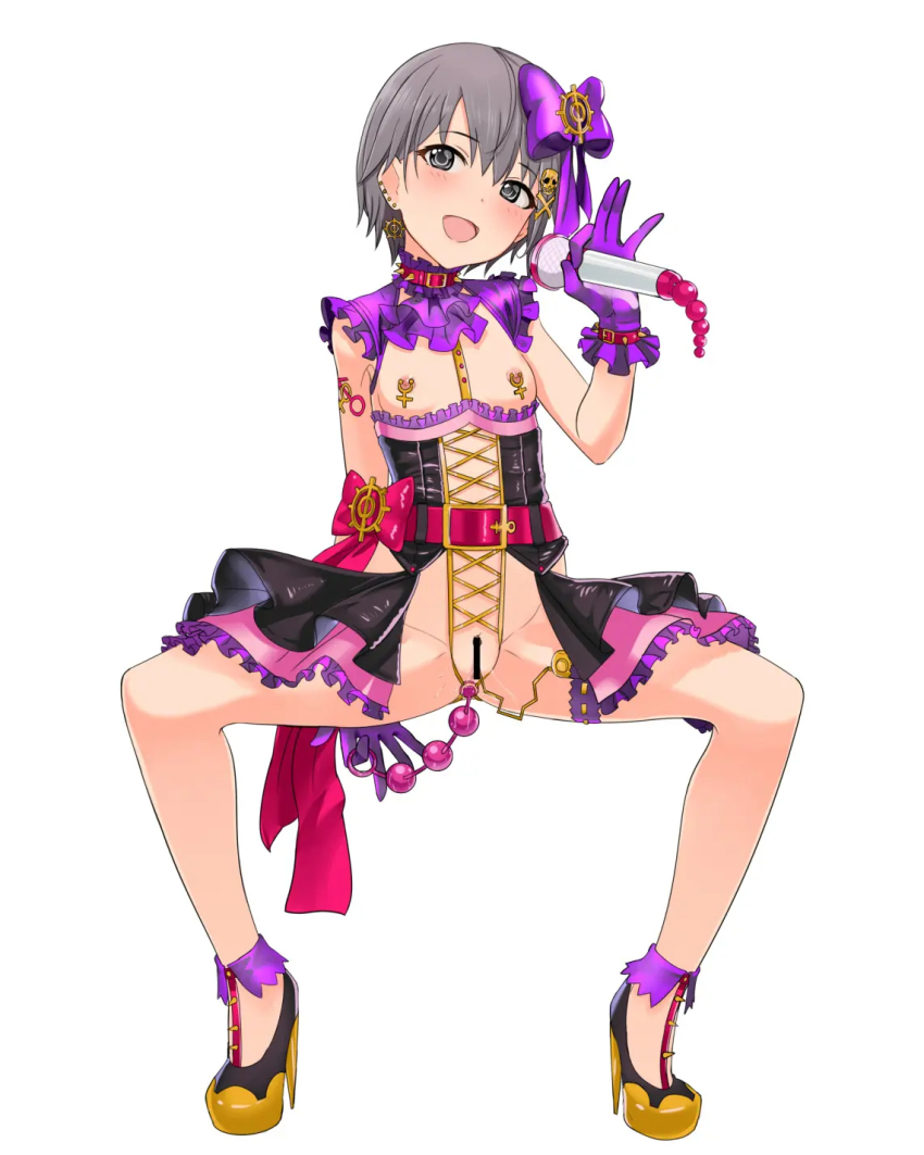 anal anal_beads anal_object_insertion bar_censor censored choker collar corset cross-laced_clothes cross-laced_corset gozaru highres idolmaster idolmaster_cinderella_girls looking_at_viewer microphone nipple_piercing object_insertion open_mouth otokura_yuuki piercing sex_toy spiked_choker spiked_collar spikes