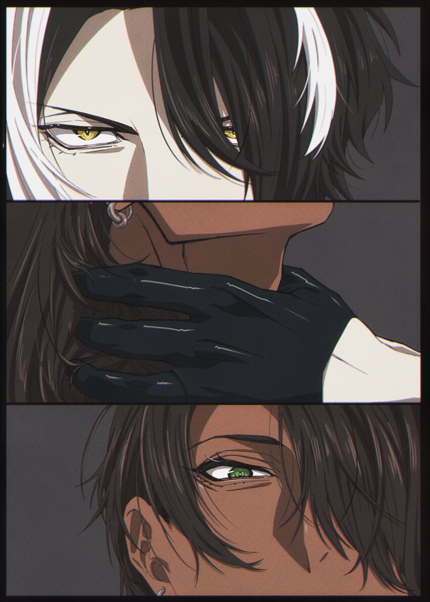 2boys absurdres aragami_oga black_gloves black_hair dark-skinned_male dark_skin earrings eyelashes furrowed_brow gloves green_eyes hand_around_neck highres holostars jewelry kageyama_shien kainocan male_focus multicolored_hair multiple_boys streaked_hair virtual_youtuber white_hair yaoi yellow_eyes
