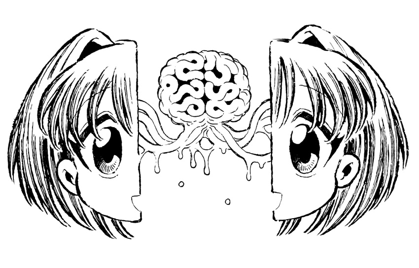 15ooo 1girl blood bob_cut brain eyelashes guro hair_intakes highres open_mouth original smile solo veins