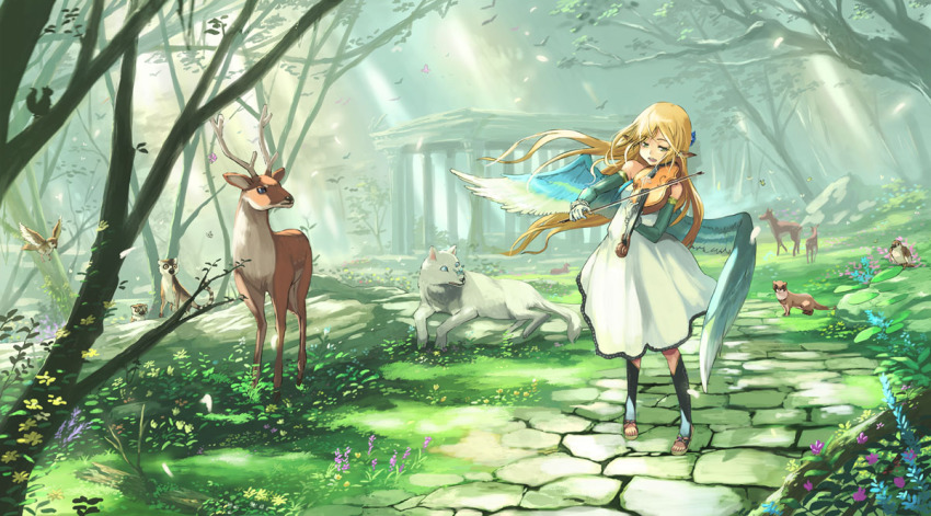 1girl angel_wings animal bird blonde_hair bow_(music) bug butterfly day deer female_focus flower insect instrument lemur meadow music original path playing_instrument pointy_ears ponzu_(catponz) road sandals scenery solo squirrel sunlight tree violin wings wolf
