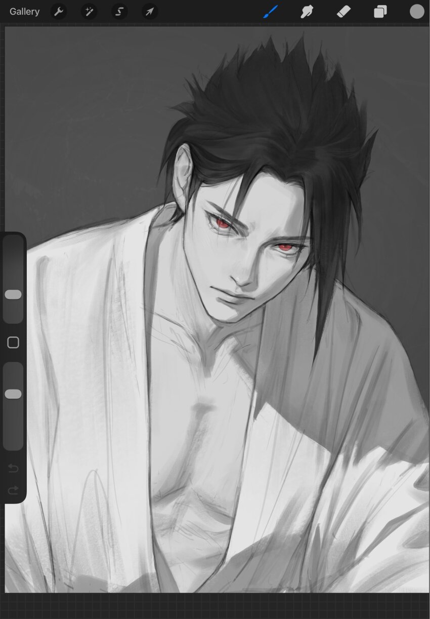 1boy alternate_hairstyle art_program_in_frame black_hair greyscale head_tilt highres lips long_hair looking_at_viewer male_focus mdun1028 monochrome naruto_(series) naruto_shippuuden pectoral_cleavage pectorals sanpaku serious solo tsurime uchiha_sasuke unfinished