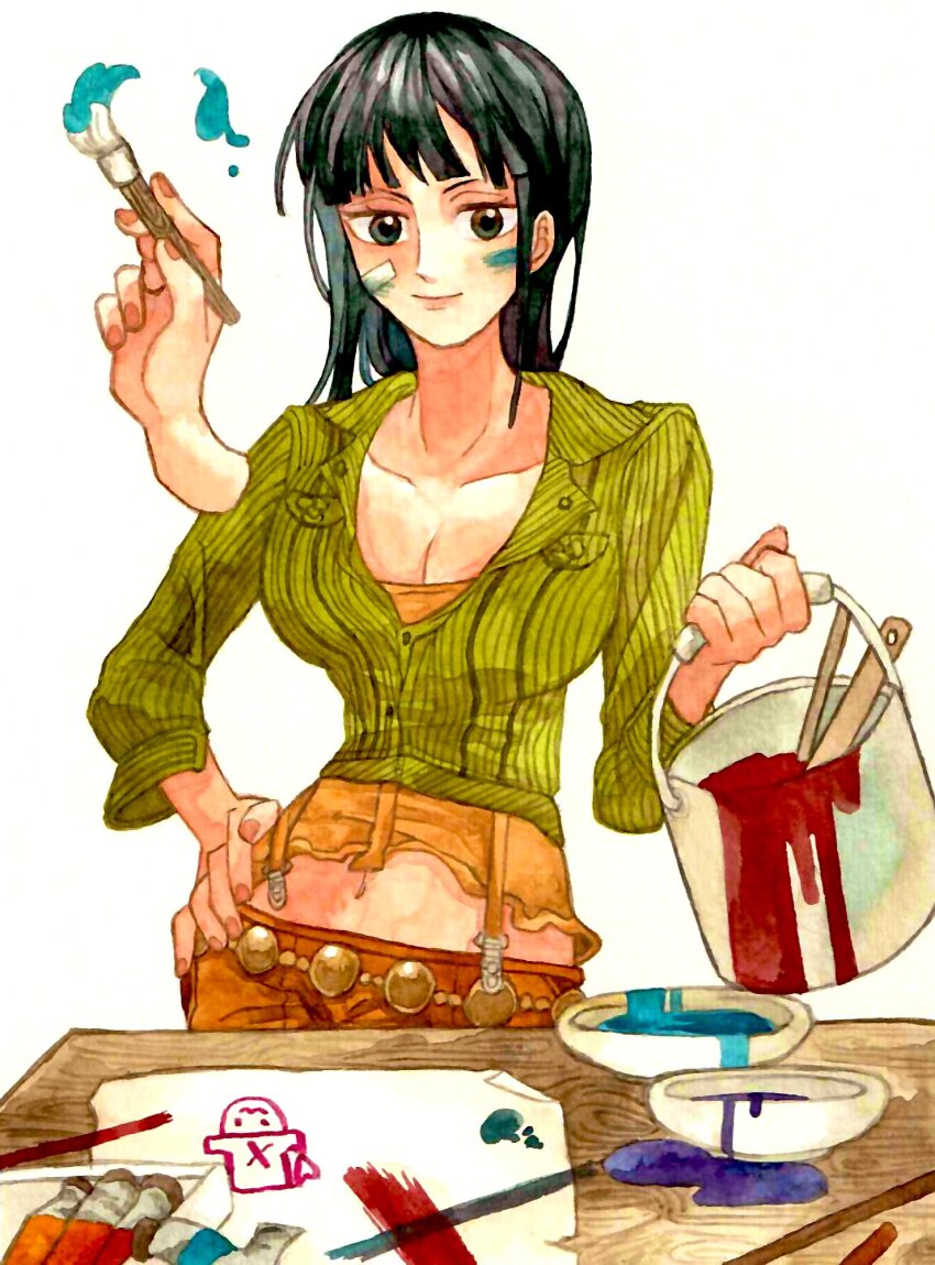 1girl black_hair closed_mouth cowboy_shot devil_fruit_power drawing_(object) extra_arms green_jacket hana_hana_no_mi hand_on_own_hip highres holding holding_brush jacket looking_at_viewer medium_hair nico_robin one_piece paint simple_background sinoda_maru7326 smile solo traditional_media