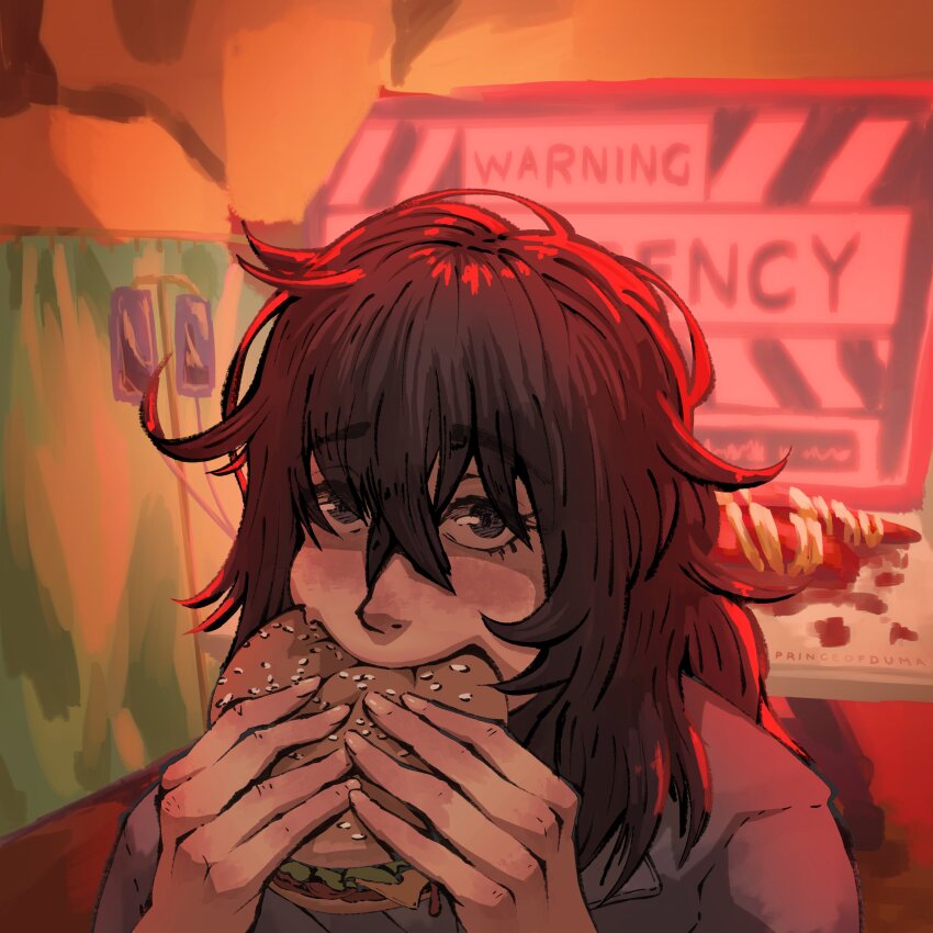 1boy 1girl absurdres anya_(mouthwashing) artist_name black_eyes black_hair burger curly_(mouthwashing) curly_(post-crash)_(mouthwashing) eating food hair_between_eyes highres holding holding_burger holding_food intravenous_drip jerma985 jerma985_eating_a_whopper_(meme) looking_at_viewer medium_hair meme messy_hair mouthwashing princeofduma solo_focus