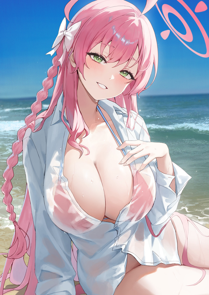 1girl beach blue_archive blue_sky bra braid breasts cleavage commentary grin hair_ribbon halo hanako_(blue_archive) hanako_(swimsuit)_(blue_archive) highres huge_breasts long_hair looking_at_viewer nea_(nea_77) ocean pink_bra pink_hair pink_halo ribbon shirt sitting sky smile solo teeth underwear wet wet_clothes wet_shirt white_ribbon