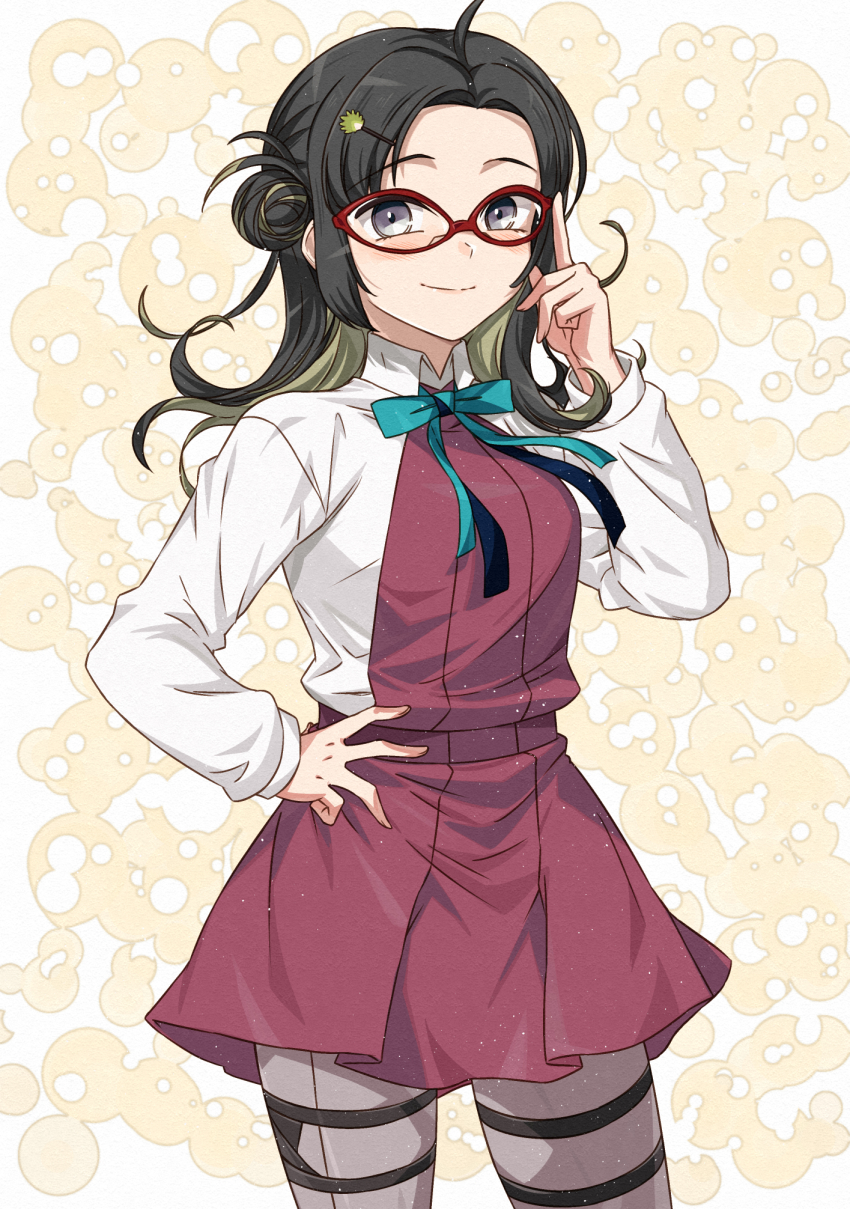 1girl ahoge aqua_bow aqua_bowtie bespectacled black_hair blue_bow blue_bowtie bow bowtie breasts cowboy_shot double_bun dress forehead glasses green_hair grey_eyes grey_pantyhose hair_bun hair_ornament hairclip highres kanmiya_shinobu kantai_collection long_hair long_sleeves looking_at_viewer makinami_(kancolle) multicolored_hair pantyhose pleated_dress purple_dress ribbon school_uniform shirt smile solo white_shirt