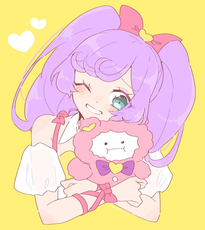 ._. 1girl ;d animal animal_hug bare_shoulders blush bow commentary cropped_torso green_eyes hair_bow heart highres kuma_(pripara) long_hair manaka_laala nojima_minami one_eye_closed open_mouth pink_bow pretty_series pripara purple_hair simple_background smile solo stuffed_animal stuffed_toy symbol-only_commentary teddy_bear twintails upper_body yellow_background
