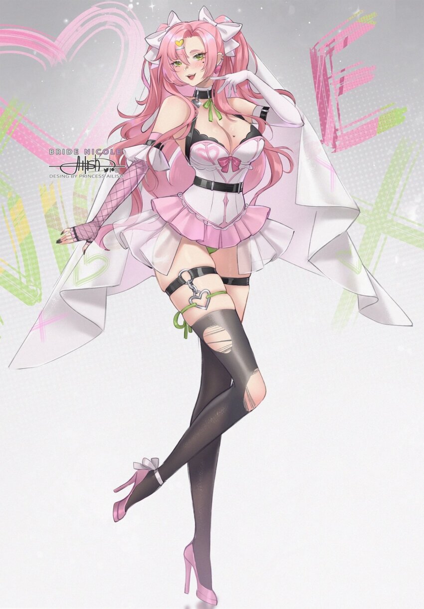 1girl :d alternate_costume asymmetrical_gloves black_nails black_thighhighs blush bow breasts character_name check_clothing cleavage clothing_request commentary commentary_typo earrings english_commentary facial_mark fingerless_gloves fingernails foot_up full_body gloves green_eyes hair_between_eyes hair_bow hair_ornament hairpin hand_up heart heart_earrings heart_o-ring high_heels highres jewelry large_breasts leotard long_hair mismatched_gloves nail_polish nicole_demara o-ring o-ring_thigh_strap open_mouth pink_gloves pink_hair pink_shoes princess_ailish shoes signature smile solo standing standing_on_one_leg teeth thigh_strap thighhighs torn_clothes torn_thighhighs typo upper_teeth_only veil very_long_hair white_bow white_gloves white_veil zenless_zone_zero