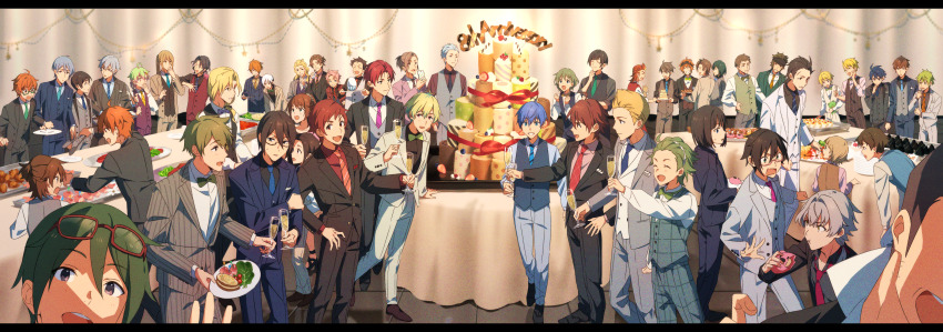 6+boys absurdres akai_suzaku akiyama_hayato animal anniversary aoi_kyosuke arm_at_side arm_up arms_at_sides asselin_bb_ii black_footwear black_hair black_headband black_jacket black_necktie black_pants black_shirt black_vest blonde_hair blue_eyes blue_jacket blue_necktie blue_shorts blue_vest blush bow bowtie bracelet braid brown_eyes brown_footwear brown_hair brown_jacket brown_pants brown_vest buttons cake cat cellphone champagne_flute character_request chestnut_sigure closed_eyes closed_mouth collared_shirt colored_tips covering_own_mouth creature creature_on_shoulder crossdressing cup double-breasted drinking_glass ear_piercing earrings eating english_text eyewear_on_head facial_hair facing_another food fork formal_clothes goatee_stubble green-framed_eyewear green_bow green_bowtie green_eyes green_hair green_jacket green_necktie green_pants green_vest grey_hair grey_jacket grey_pants grey_vest grin hair_between_eyes hair_over_one_eye hair_slicked_back hairband hand_on_own_cheek hand_on_own_chin hand_on_own_face hand_on_own_hip hand_to_own_mouth hands_up head_out_of_frame headband heterochromia high_heels highres holding holding_animal holding_cat holding_cup holding_fork holding_phone holding_plate holding_stuffed_toy holding_tongs holding_tray idolmaster idolmaster_side-m iseya_shiki jacket jewelry kaerre kitamura_sora koron_chris kurono_genbu letterboxed long_hair long_sleeves looking_at_another looking_at_object looking_at_viewer male_focus medium_hair mizushima_saki mole mole_under_eye multicolored_hair multiple_boys necktie nyako_(idolmaster) on_shoulder one_eye_covered open_clothes open_jacket open_mouth orange_eyes orange_hair orange_necktie pants parted_bangs parted_lips phone piercing pierre_bichelberger pink-framed_eyewear pink_eyes pink_hair pink_jacket pink_necktie pink_shirt plate plate_stack polka_dot_necktie ponytail profile purple_bow purple_bowtie purple_eyes red-framed_eyewear red_hair red_pants red_shirt red_vest sakuraba_kaoru satan_(idolmaster) semi-rimless_eyewear shirt shoes shorts side_braid sidelocks smartphone smile standing streaked_hair stubble stuffed_animal stuffed_frog stuffed_toy suit sweatdrop table takajo_kyoji tendo_teru tongs tray uzuki_makio vest wakazato_haruna watanabe_minori white_hair white_hairband white_jacket white_pants white_shirt yamamura_ken yamashita_jiro yellow_bow yellow_bowtie yellow_eyes yellow_necktie