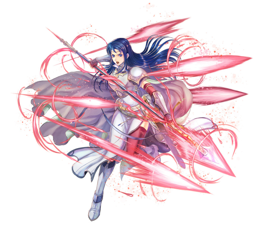 1girl armor blue_eyes blue_hair breastplate cape elbow_gloves female_focus fire_emblem fire_emblem:_the_blazing_blade fire_emblem_heroes gloves holding holding_polearm holding_weapon isadora_(fire_emblem) long_hair matching_hair/eyes nintendo official_art open_mouth pelvic_curtain polearm shoulder_armor solo sword vambraces weapon white_cape