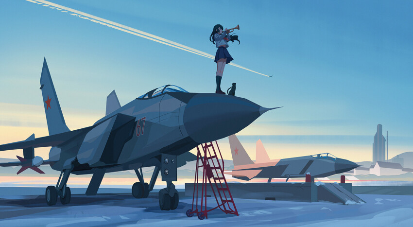 1girl aircraft airplane atmospheric_layer black_hair black_skirt blue_skirt blue_sky building cat contrail day fighter_jet flying from_below full_body holding holding_instrument instrument kneehighs ladder landing_gear long_hair long_sleeves midriff_peek mig-31 military_vehicle missile music navel neckerchief original outdoors playing_instrument pleated_skirt red_neckerchief scenery school_uniform shirt shoes skirt sky snow socks solo standing star_(symbol) sunrise trumpet ttk_(kirinottk) white_shirt wind