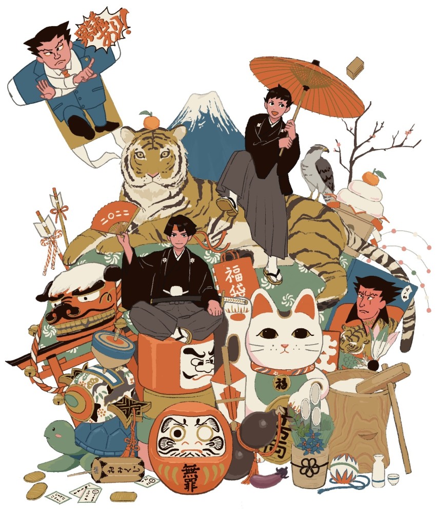 23011620x 2boys ace_attorney arrow_(projectile) bag bird black_hair black_kimono chinese_knot food fruit furio_tigre geta good_fortune_symbol hakama hand_fan hawk highres holding holding_umbrella japanese_clothes kadomatsu kazuma_asogi kimono kine mallet mandarin_orange maneki-neko mochi multiple_boys new_year objection oil-paper_umbrella phoenix_wright red_umbrella ryunosuke_naruhodo sitting smile socks tengu the_great_ace_attorney tiger torii turtle umbrella white_socks