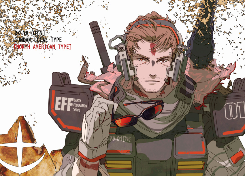 1boy 8823 armor bright_pupils brown_gloves brown_hair brown_jacket brown_scarf camouflage camouflage_jacket character_name closed_mouth commentary_request earth_federation_space_forces unworn_eyewear facepaint facial_hair gloves gundam headphones highres holding holding_removed_eyewear humanization jacket light_smile looking_at_viewer male_focus mecha_danshi mobile_suit_gundam:_cucuruz_doan&#039;s_island red_eyes removing_eyewear rx-78-1_gundam_local_type scarf shoulder_armor shoulder_cannon solo stubble sunglasses tinted_eyewear upper_body v-shaped_eyebrows white_pupils