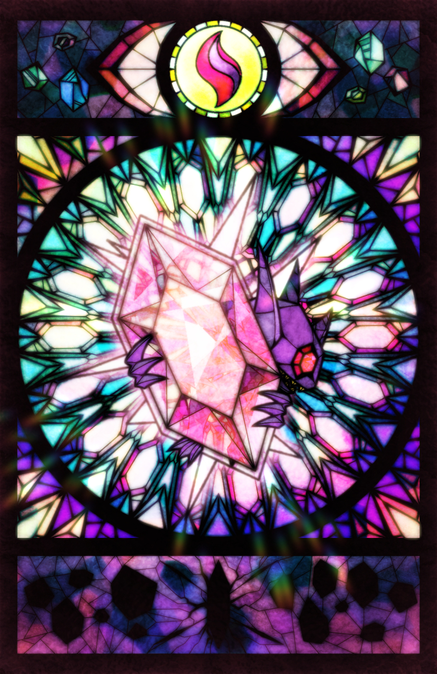 1other black_border border colored_skin demon free_butterfree gem gen_3_pokemon highres holding holding_gem looking_to_the_side mega_pokemon mega_sableye mega_stone nintendo open_mouth other_focus pokemon pokemon_(creature) profile purple_skin red_eyes red_gemstone sableye sharp_teeth solo stained_glass teeth