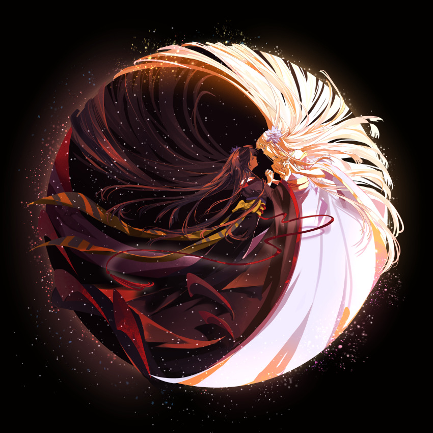 2girls absurdres black_background black_hair black_kimono closed_eyes contrast crescent_moon dual_persona final_fantasy final_fantasy_xiv flower from_side full_body hair_flower hair_ornament highres holding_hands hyur interlocked_fingers japanese_clothes kimono long_hair looking_at_another moon multiple_girls obi obijime profile sash very_long_hair white_hair white_kimono wu_huo_(nor020113) yotsuyu_goe_brutus