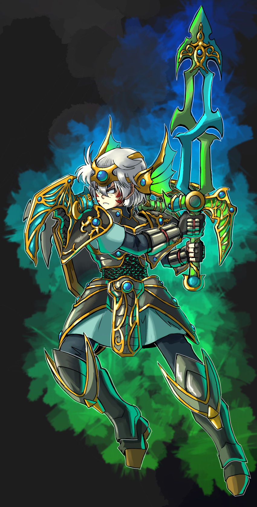 absurdres alternate_color alternate_costume alternate_weapon angry armor aura bird_studio blue_gemstone boots cape chest_jewel corruption crescent crossover dark_persona double_helix dragon_quest dragon_quest_iv fierce_deity fingerless_gloves fins frown gem gloves hal_laboratory head_fins hero_(dq4) highres holding holding_shield holding_sword holding_weapon jumping looking_to_the_side multiple_boys nintendo no_pupils pauldrons possessed possession shield short_hair shoulder_armor square_enix stoic_seraphim super_smash_bros. sword the_legend_of_zelda the_legend_of_zelda:_majora&#039;s_mask triangle weapon white_eyes white_hair wrist_guards zenithian_sword