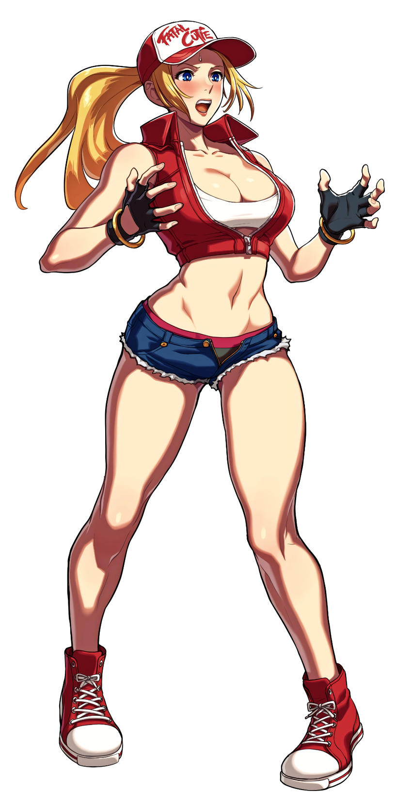 1girl absurdres bare_legs bare_shoulders black_gloves blonde_hair blue_eyes blue_shorts boots bracelet breasts bright_pupils crop_top cutoffs denim denim_shorts fatal_fury female_focus fingerless_gloves full_body genderswap genderswap_(mtf) gloves hands_up high_tops highres jewelry large_breasts legs long_hair micro_shorts midriff narrow_waist official_art ogura_eisuke open_clothes open_fly open_mouth open_shorts pigeon-toed ponytail shirt shoes short_shorts shorts sneakers snk snk_heroines:_tag_team_frenzy solo standing taut_clothes taut_shirt terry_bogard toned underwear vest white_background white_pupils