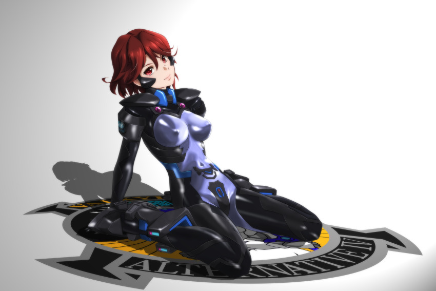 1girl breasts brown_eyes brown_hair closed_mouth covered_erect_nipples covered_navel fortified_suit full_body genya_(genya67) head_tilt highres isumi_michiru large_breasts leaning_back looking_at_viewer mecha_pilot_suit muv-luv muv-luv_alternative simple_background sitting solo wariza white_background
