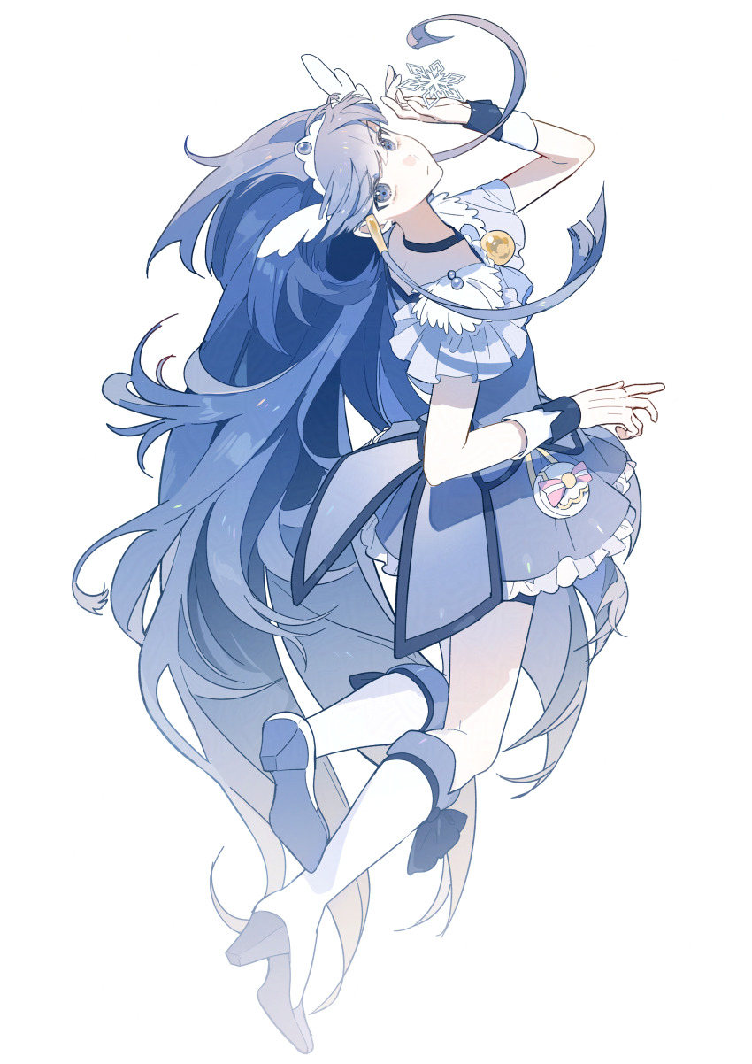 1girl absurdly_long_hair absurdres aoki_reika armor bag_bow blue_bow blue_bowtie blue_choker blue_eyes blue_hair blue_ribbon blue_shirt blue_shorts blue_skirt blue_wrist_cuffs blunt_bangs boots bow bowtie brooch choker closed_mouth coattails commentary_request cure_beauty expressionless eyelashes feather-trimmed_sleeves footwear_ribbon frilled_skirt frilled_sleeves frills full_body hair_ornament hair_tubes high_heel_boots high_heels highres holding holding_snowflake jewelry knee_boots leaning_back leg_up light_frown long_hair long_sidelocks looking_at_viewer magical_girl miniskirt morgue_(southsakura) pink_bow pleated_skirt precure ribbon shirt short_sleeves shorts shorts_under_skirt sidelocks simple_background single_stripe skirt skirt_set smile_precure! snowflakes solo striped_bow tiara very_long_hair waist_bag white_armor white_background white_bag white_boots white_sleeves wing_hair_ornament wrist_cuffs