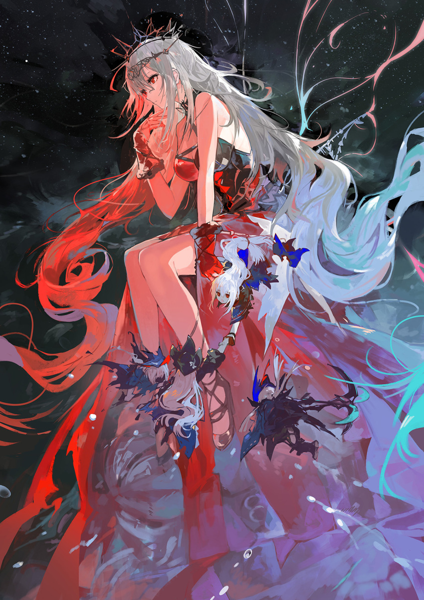 1boy 4girls alchemaniac arknights bare_shoulders black_cape black_footwear black_gloves black_hat breasts cape character_doll cleavage commentary crown doll dress english_commentary gladiia_(arknights) gloves grey_hair halterneck hand_on_own_chin hat high_heels highres holding_hands large_breasts long_hair looking_to_the_side multicolored_dress multiple_girls official_alternate_costume pale_skin ponytail red_dress red_eyes red_gloves sidelocks sitting skadi_(arknights) skadi_the_corrupting_heart_(arknights) skadi_the_corrupting_heart_(red_countess)_(arknights) sky sleeveless sleeveless_dress solo specter_(arknights) specter_the_unchained_(arknights) star_(sky) starry_sky strap ulpianus_(arknights) very_long_hair white_hair