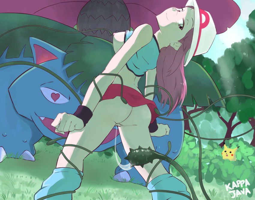 1girl ass brown_hair cleft_of_venus clenched_hands clothing_aside forest gen_1_pokemon hat heart heart-shaped_pupils highres kappajava leaf_(pokemon) leg_warmers long_hair looking_back meme nature nintendo nipples no_panties pikachu plant pokemon pokemon_frlg pussy shirt signature skirt smile standing surprised_pikachu_(meme) symbol-shaped_pupils venusaur vines wristband
