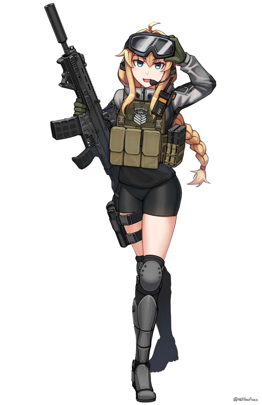1girl :d absurdres ahoge arm_up armored_boots artist_name bike_shorts black_shorts black_thighhighs blonde_hair blue_eyes blush boots braid commentary_request crossed_legs cz_805_bren cz_bren-2_br ear_protection elcan_scope full_body girls&#039;_frontline gloves goggles goggles_on_head green_gloves grey_boots grey_jacket griffin_&amp;_kryuger_logo gun hair_between_eyes hair_intakes headset highres holding holding_gun holding_weapon jacket knee_pads long_hair long_sleeves looking_at_viewer md5_mismatch ndtwofives open_mouth resolution_mismatch short_shorts shorts simple_background single_braid smile solo source_larger standing suppressor thighhighs twitter_username very_long_hair virtual_youtuber weapon whiskey_project white_background