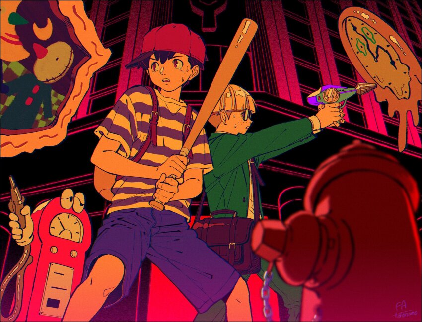 2boys aiming backpack bag baseball_bat baseball_cap black_hair blonde_hair blue_shorts energy_gun glasses green_jacket hat highres holding holding_weapon jacket jeff_andonuts kwsby_124 male_focus mother_(series) mother_2 multiple_boys ness_(mother_2) nintendo pants ray_gun red_hat shirt shorts shoulder_bag striped_clothes striped_shirt sweat weapon