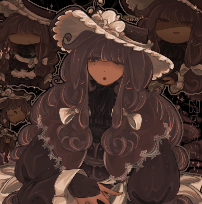 1girl bow brown_eyes brown_hair brown_hat dream_game flower hair_bow hat hat_flower highres long_hair looking_at_viewer low_twintails multiple_views nashatra_bealdhild open_mouth roblox ruinedsequence sidelocks sparkle twintails white_bow white_flower
