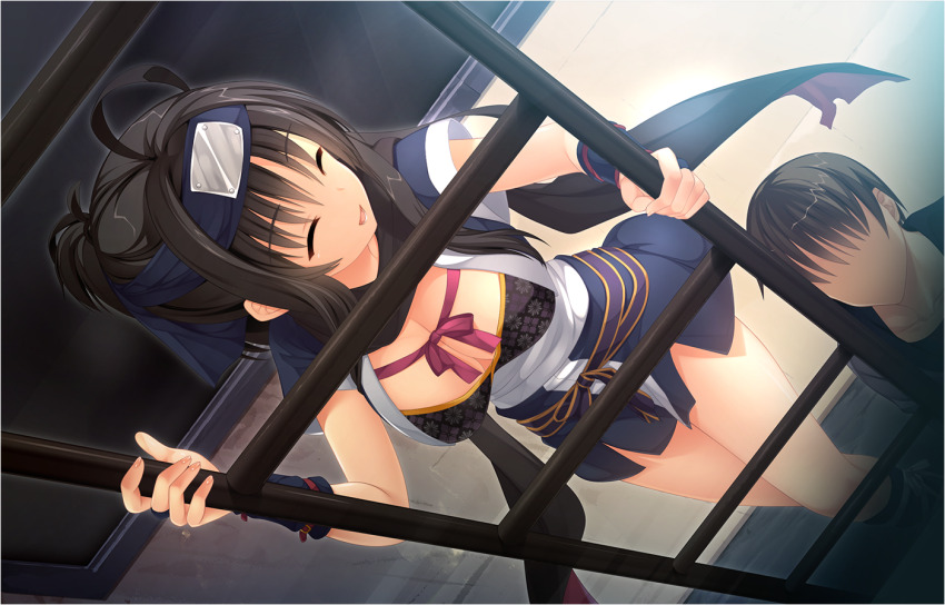 1boy 1girl ^_^ ahoge arichi_masaomi black_bra black_hair black_scarf blue_kimono bow bra breasts cleavage closed_eyes curvy dutch_angle eyes_visible_through_hair faceless faceless_male fingernails floral_print forehead_protector foreshortening game_cg green_eyes hair_between_eyes happy hitachi_mako japanese_clothes kimono ladder large_breasts legs looking_at_another looking_up lower_teeth_only muririn ninja non-web_source official_art open_mouth outdoors print_bra red_bow red_ribbon ribbon scarf senren_banka short_hair short_hair_with_long_locks short_kimono short_sleeves smile solo_focus standing teeth thighs tsurime underwear variant_set