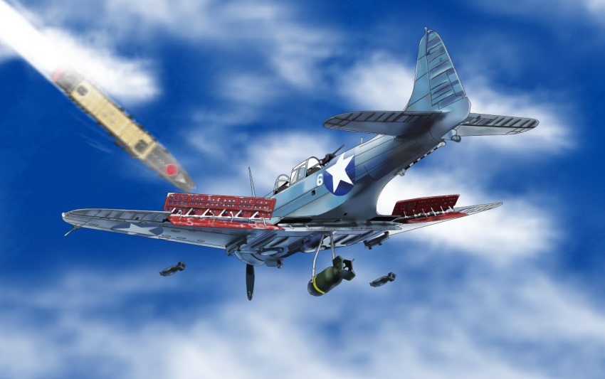 aircraft aircraft_carrier airplane battle battle_of_midway bomb bomber cloud dive_bomber explosive flight_deck historical_event kantai_collection military military_vehicle ocean propeller propeller_fighter sbd_dauntless ship sky soranokakera01 vehicle_focus warship watercraft weapon world_war_ii