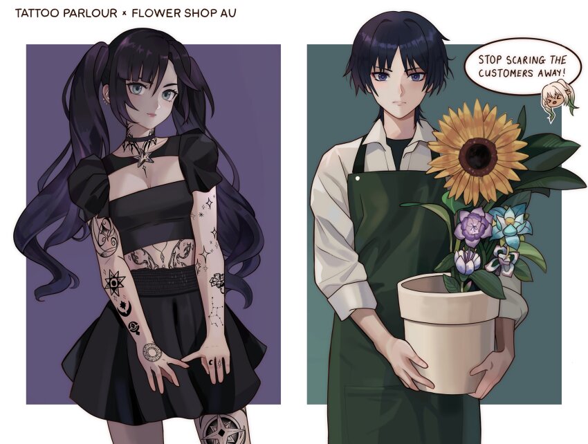 &gt;_&lt; 1boy 2girls absurdres alternate_costume alternate_universe angryoats apron arm_tattoo black_choker black_shirt black_skirt black_sleeves blue_eyes blunt_bangs border breasts bright_pupils brooch choker cleavage closed_eyes closed_mouth collared_shirt constellation constellation_tattoo contemporary crescent_tattoo crop_top cropped_shirt disembodied_head ear_piercing expressionless eyelashes eyeliner eyeshadow flower flower_pot genshin_impact gold gradient_hair green_apron green_hair hair_between_eyes hair_intakes highres holding holding_flower_pot jewelry kalpalata_lotus leg_tattoo lipgloss long_hair looking_at_viewer loose_hair_strand makeup mona_(genshin_impact) multicolored_hair multiple_girls nahida_(genshin_impact) neck_tattoo octagram open_mouth padisarah_flower parted_bangs piercing plant pleated_skirt pointy_ears potted_plant puffy_sleeves purple_eyes red_eyeliner red_eyeshadow red_lips scaramouche_(genshin_impact) shirt short_sleeves shrug_(clothing) side_ponytail sidelocks single_hair_intake skirt three-quarter_sleeves smile star_brooch star_o-ring star_tattoo stomach_tattoo sumeru_rose_(genshin_impact) sunflower tattoo twintails viparyas_flower virgo_(constellation) white_border white_hair white_pupils white_shirt white_sleeves
