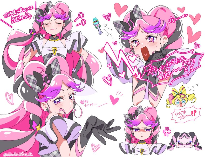 2girls anger_vein bare_shoulders beads black_bow black_dress black_gloves black_hair blonde_hair blowing_kiss blue_eyes blush bow bow-shaped_hair bowtie brooch collared_dress colored_tips cure_idol cure_kiss detached_sleeves dot_nose dress drill_hair dual_persona earrings empty_eyes eyelashes flying_sweatdrops fortissimo gloves hair_beads hair_between_eyes hair_bow hair_ornament hair_ribbon hairband hairclip halter_dress halterneck hands_on_own_hips heart heart_hair_ornament heart_in_eye highres huge_sleeves interlocked_fingers jewelry kimi_to_idol_precure lap_pillow low_twintails magical_girl meroron_(precure) microphone multicolored_hair multiple_earrings multiple_girls multiple_views musical_note musical_note_hair_ornament nervous_sweating o3o open_mouth outstretched_hand own_hands_clasped own_hands_together parted_bangs pink_hair pink_hairband pink_ribbon plaid_bow plaid_clothes plaid_dress pleated_sleeves precure purple_eyes purple_hair purple_sleeves ribbon sakura_uta_(precure) shirako_love short_sleeves simple_background smile sphere_earrings streaked_hair sweat symbol_in_eye twin_drills twintails v-shaped_eyebrows white_background white_bow white_bowtie