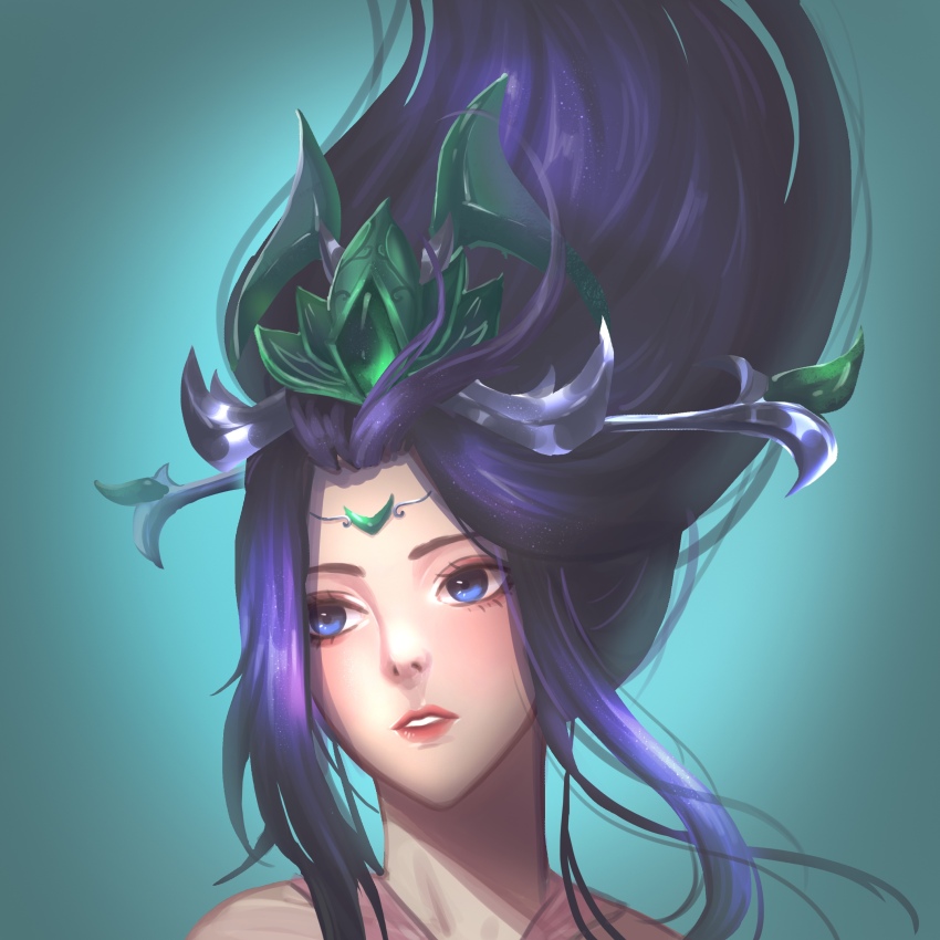 1girl absurdres blue_eyes gem gradient_background green_background hair_ornament hair_up highres janna_(league_of_legends) league_of_legends long_hair parted_bangs portrait purple_hair saikayo solo star_guardian_(league_of_legends) star_guardian_janna teeth