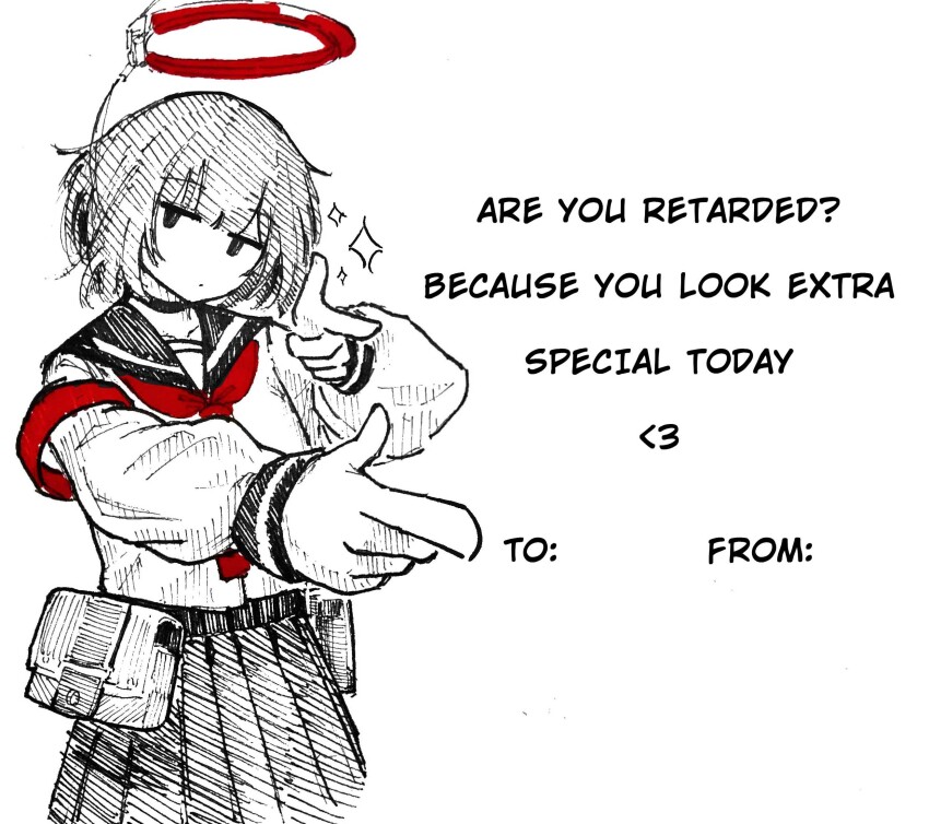 1girl armband deadpan finger_gun foreshortening halo highres long_sleeves mechanical_halo original sailor_collar shiokaze1409 short_hair skirt solo sparkle valentine_card yuuko_(shiokaze1409)
