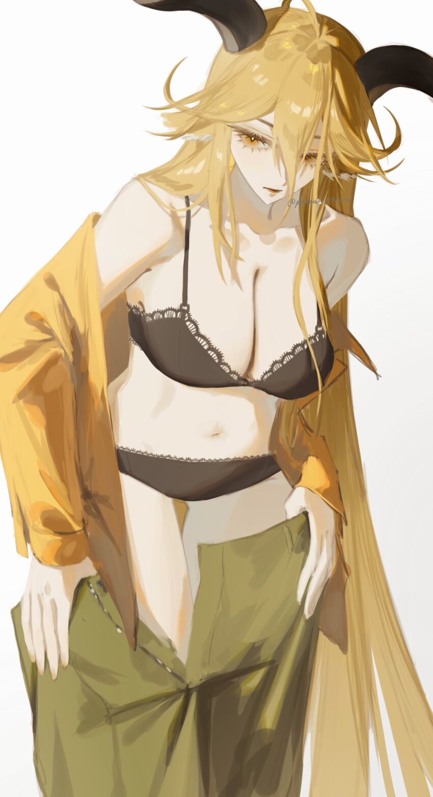 1girl animal_ears arknights black_bra black_panties blonde_hair bra breasts brown_pants brown_shirt cleavage commentary degenbrecher_(arknights) goat_ears goat_girl goat_horns highres horns large_breasts long_hair nate71762013 navel open_clothes open_shirt panties pants shirt simple_background solo stomach symbol-only_commentary underwear undressing very_long_hair white_background yellow_eyes