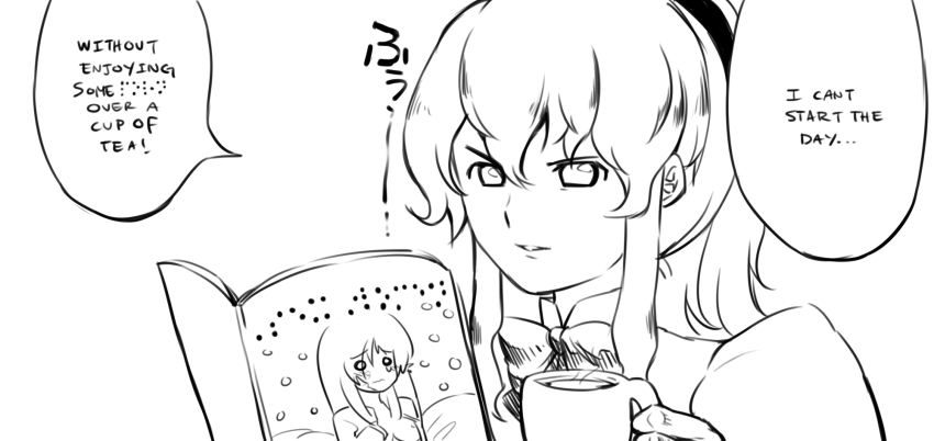 10s 1girl blind braille cup drawfag english_text female_pervert ge-b greyscale highres ikezawa_hanako katawa_shoujo magazine_(object) monochrome o_o pervert pornography satou_lilly teacup text_focus translated viewing_pornography yuri