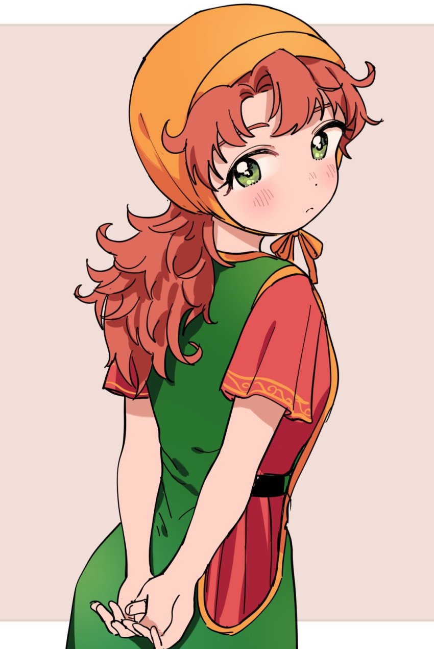 1girl arms_behind_back blush brown_hair closed_mouth curly_hair dragon_quest dragon_quest_vii dress green_eyes highres hood long_hair looking_at_viewer maribel_(dq7) miyama_(kannsannn) simple_background solo