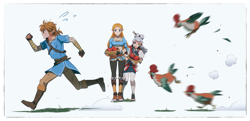 1boy 2girls apple belt bird blank_stare blonde_hair blue_eyes boots brown_eyes chasing chicken collarbone cucco fingerless_gloves fleeing flying_sweatdrops food fruit full_body gloves highres holding layered_sleeves light_brown_hair link long_hair long_sleeves medium_hair motion_blur multiple_girls nintendo open_mouth pants pantyhose parted_lips paya_(zelda) pointy_ears princess_zelda running scratches short_over_long_sleeves short_sleeves sidelocks silver_hair sophie_(693432) standing the_legend_of_zelda the_legend_of_zelda:_breath_of_the_wild tunic
