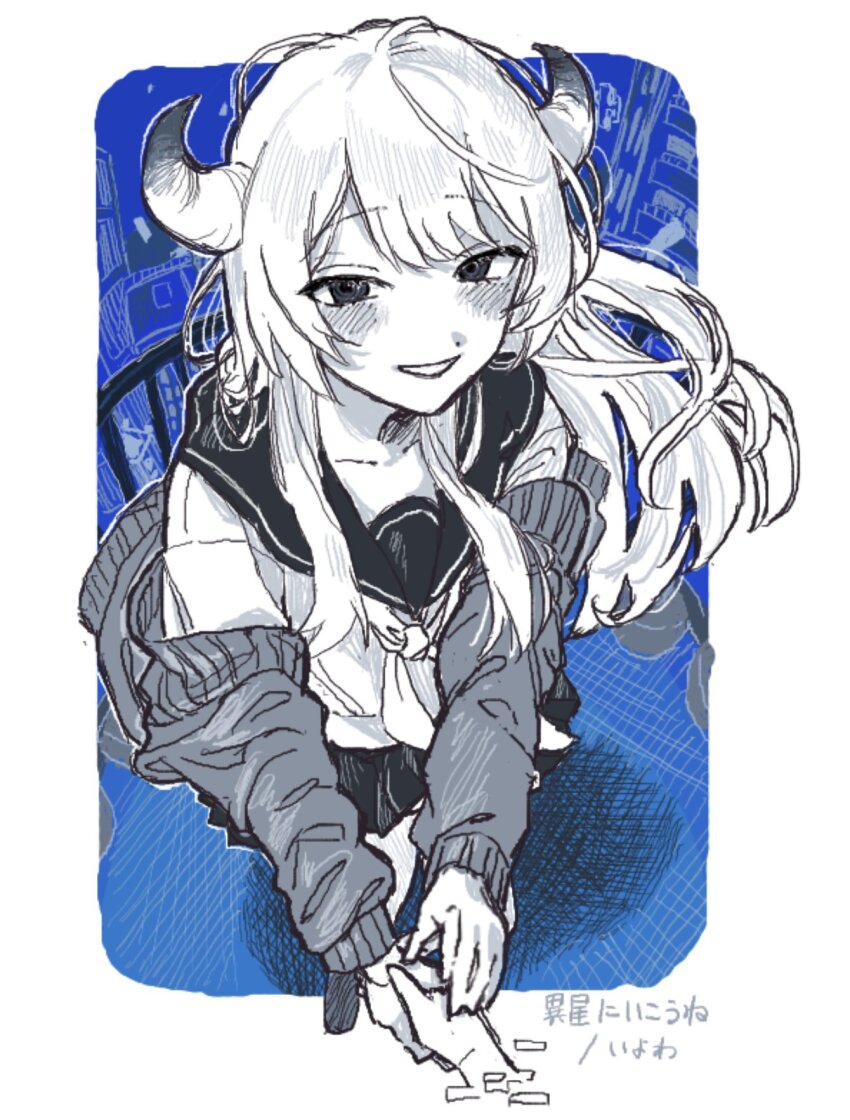 1girl blue_background blush cardigan cardigan_partially_removed greyscale_with_colored_background hand_grab highres horns isei_(iyowa) isei_ni_ikou_ne_(cevio) iyowa_girls kaki_tomogui long_hair long_sleeves looking_at_viewer neckerchief open_cardigan open_clothes pleated_skirt sailor_collar school_uniform serafuku skirt smile solo