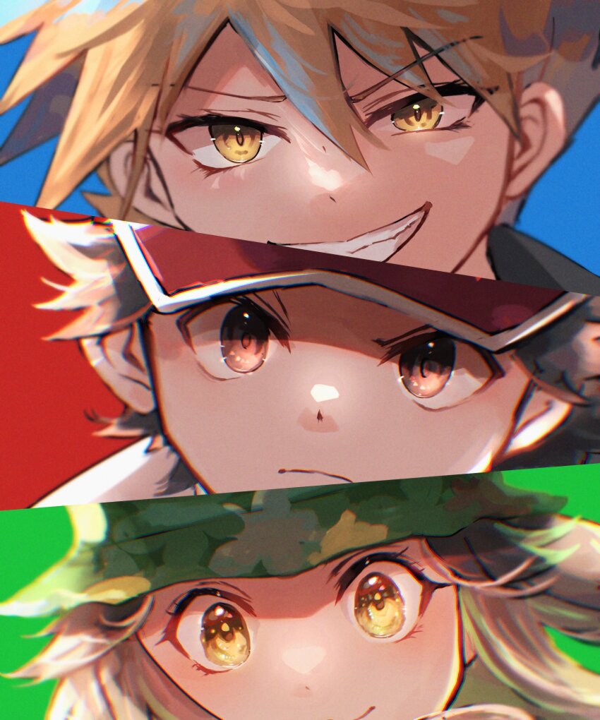 1girl 2boys blonde_hair blue_oak brown_eyes brown_hair closed_mouth commentary_request frown game_freak green_hat grin hair_between_eyes hat highres leaf_(pokemon) leaf_(sygna_suit)_(pokemon) looking_at_viewer multiple_boys nintendo official_alternate_costume pokemon pokemon_masters_ex red_(pokemon) red_(sygna_suit)_(pokemon) red_hat shiruko_(s1ruko) short_hair smile spiked_hair teeth yellow_eyes