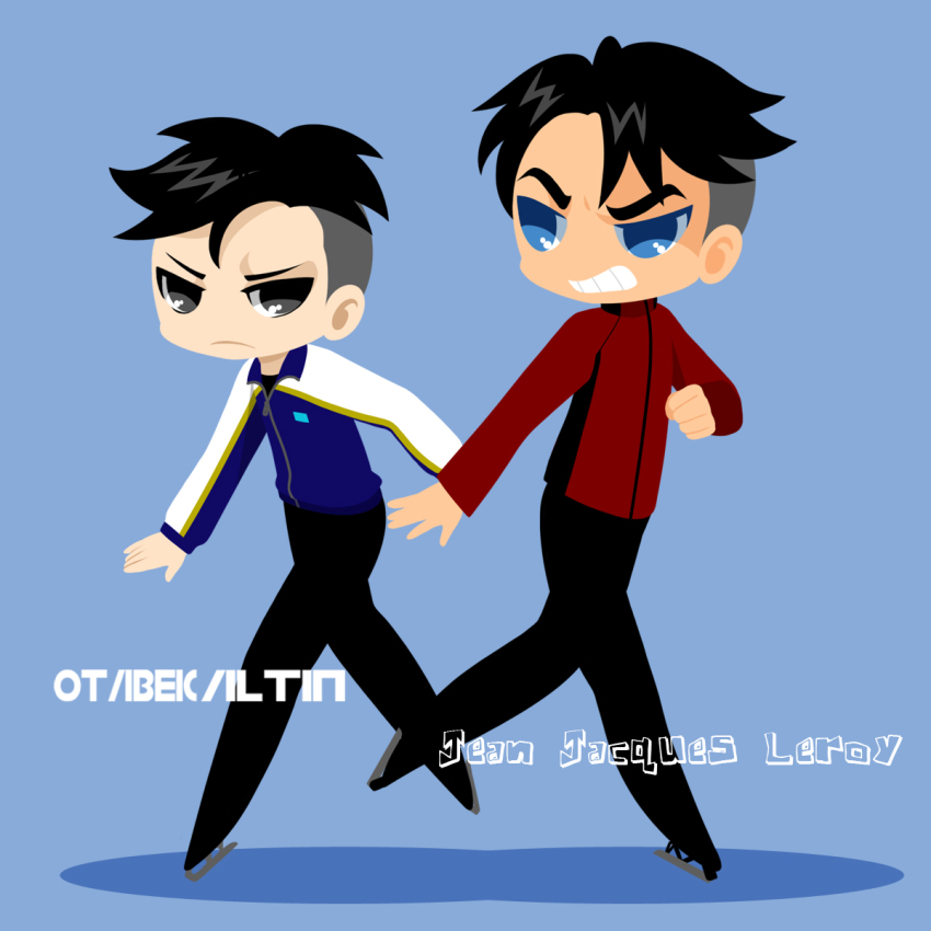 2boys black_hair black_pants blue_eyes character_name clenched_hand clenched_teeth grey_eyes highres ice_skates jacket jean-jacques_leroy kaorin_minogue male_focus multiple_boys otabek_altin pants skates teeth track_jacket undercut yuri!!!_on_ice