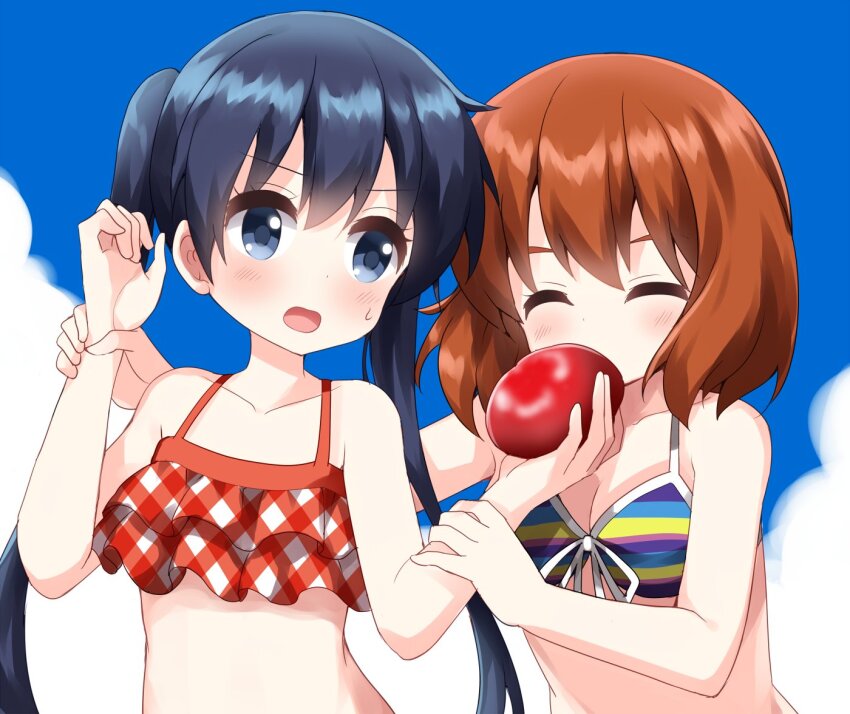 2girls bikini blue_eyes blue_hair blush breasts brown_hair cleavage closed_eyes collarbone commentary_request day eating food holding holding_food inokuma_youko kin-iro_mosaic komichi_aya medium_breasts multiple_girls open_mouth outdoors plaid_bikini plaid_clothes red_bikini ruffle_bikini ruu_(tksymkw) striped_bikini striped_clothes sweatdrop swimsuit tomato twintails upper_body