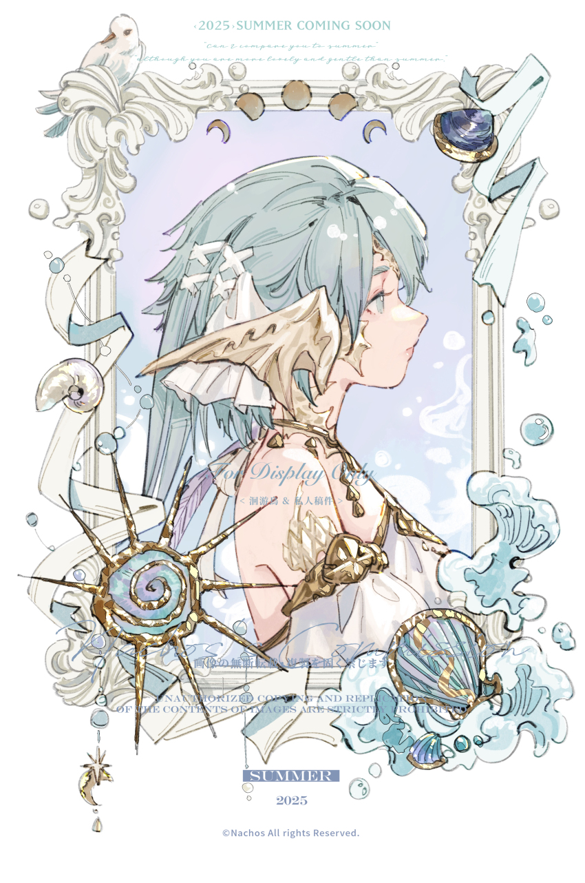 2025 absurdres au_ra bare_shoulders blue_hair border closed_mouth commission copyright_notice cropped_torso final_fantasy final_fantasy_xiv from_side highres horns huiyouniao looking_ahead ornate_border pale_color profile scales shell warrior_of_light_(ff14) watermark