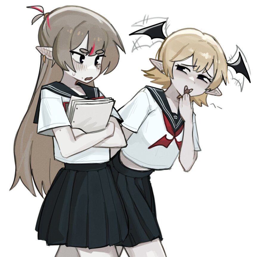 2girls bat_wings black_skirt blonde_hair blush cropped_legs fang highres holding holding_paper jewelry justadrian_(yoadriandk) long_hair mavie_(justadrian) multiple_girls original paper pleated_skirt pointy_ears sailor_collar scarlett_(justadrian) school_uniform serafuku shirt short_hair short_sleeves skirt sweat vampire white_serafuku wings