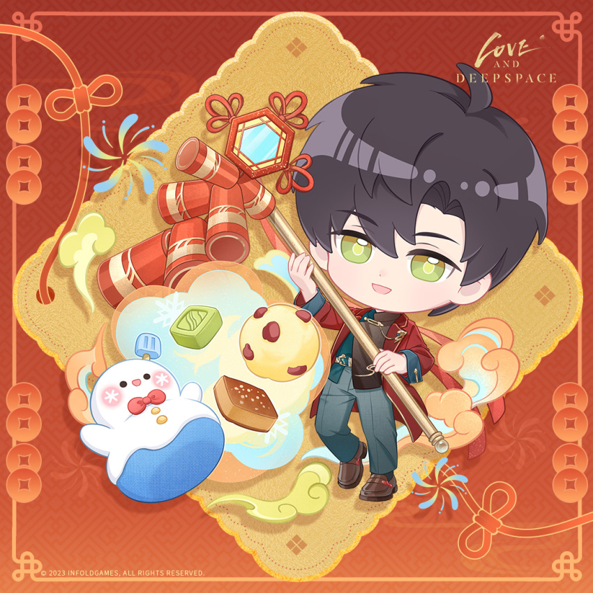 1boy ahoge black_hair black_shirt bow bowtie brown_shoes chibi chibi_only full_body green_eyes green_shirt grey_pants hair_between_eyes holding holding_staff ice_cream_bar jacket loafers love_and_deepspace male_focus official_art open_mouth pants parted_bangs red_background red_bow red_bowtie red_jacket shirt shoes short_hair smile snowman solo staff two-tone_shirt zayne_(love_and_deepspace)