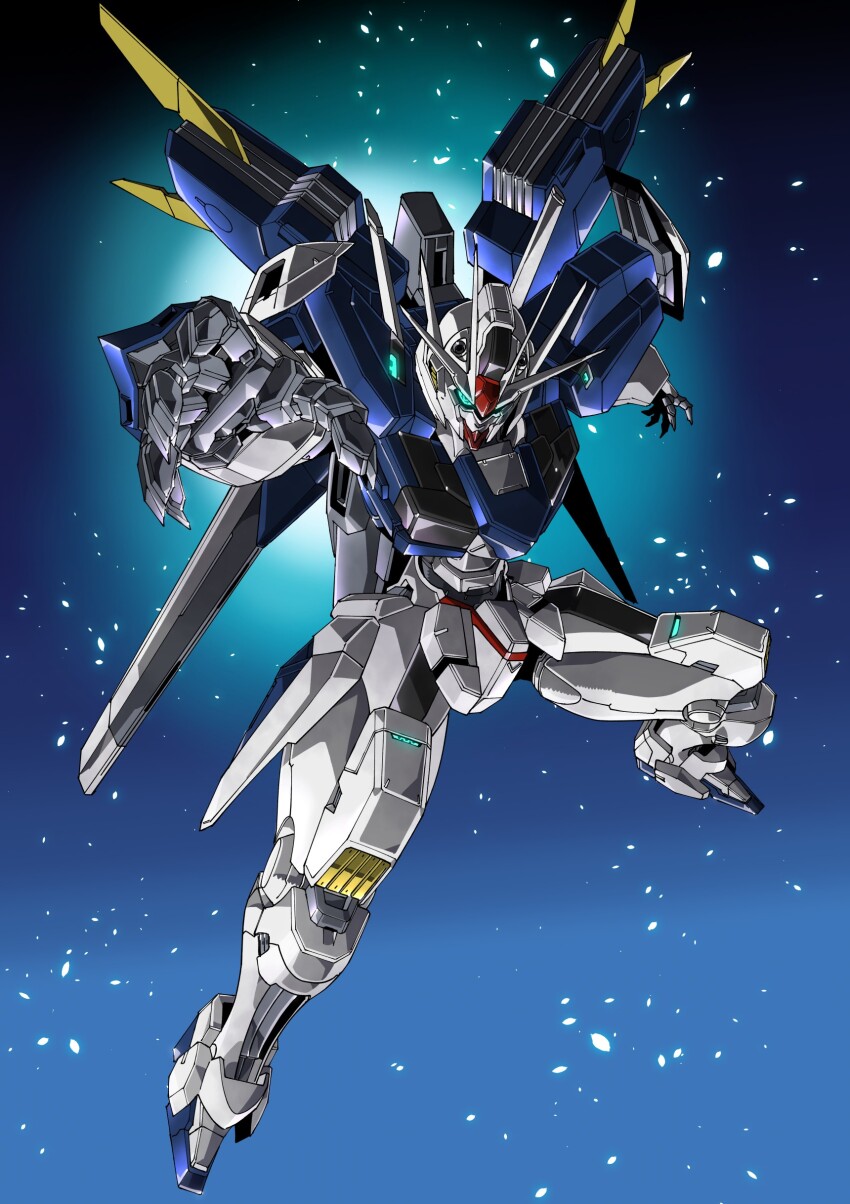 absurdres amakawa_mayu aqua_eyes blue_background check_commentary commentary commentary_request full_body gradient_background gundam gundam_aerial_rebuild gundam_suisei_no_majo highres light_particles mecha mobile_suit no_humans robot science_fiction solo v-fin