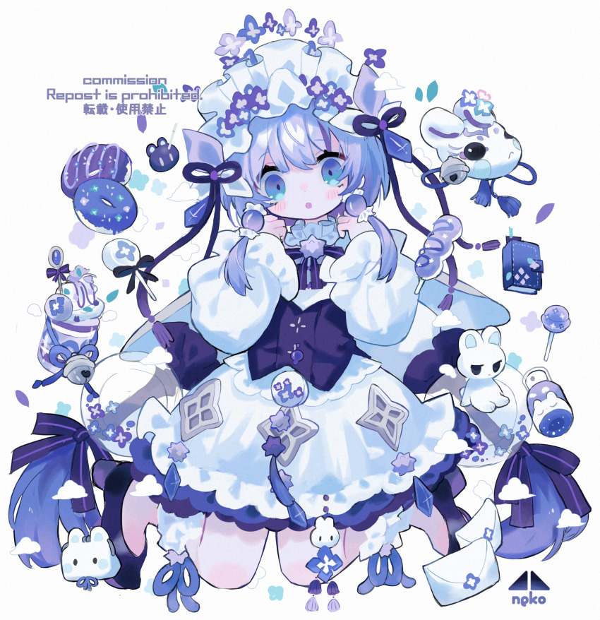 absurdres amesame_azusa anklet blue_eyes blush_stickers commentary_request commission corset cotono_(nazekun) donut dress envelope flower food full_body fur_anklet hair_ribbon hands_up high_heels highres indie_virtual_youtuber jewelry kneeling long_hair long_sleeves maid_headdress mask neck_ribbon open_mouth purple_corset purple_flower purple_hair purple_ribbon purple_shoes ribbon shoes skeb_commission unworn_mask very_long_hair virtual_youtuber watermark white_dress